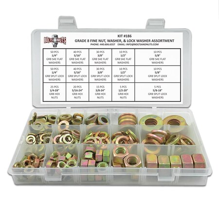 Boltsandnuts.Com Inch Grade 8 Fine Hex Nut, Flat & Lock Washers Assortment - 351 Pcs Assortment Kit #186